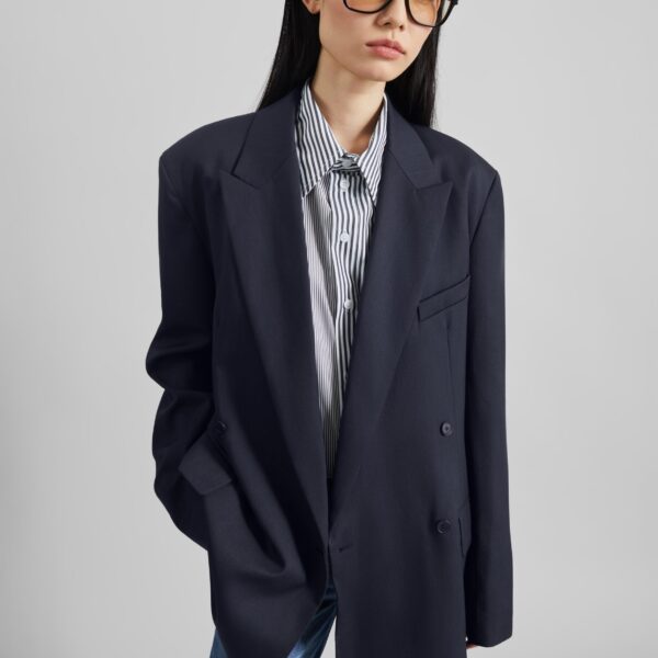 The Frankie Shop Newark Double Breasted Blazer - Navy - Oversized Minimalist Jackets in Blue - Shop at Coveti