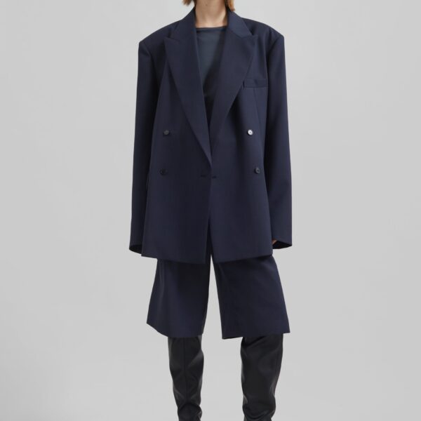 The Frankie Shop Newark Double Breasted Blazer - Navy - Oversized Minimalist Jackets in Blue - Shop at Coveti