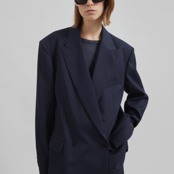 The Frankie Shop Newark Double Breasted Blazer - Navy - Oversized Minimalist Jackets in Blue - Shop at Coveti