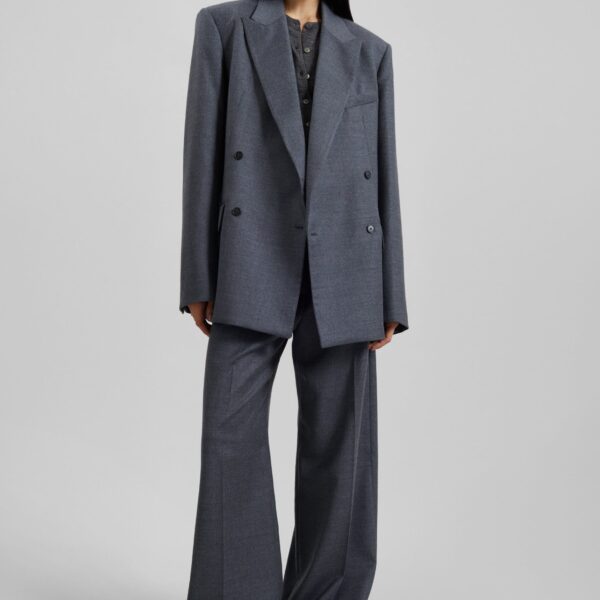The Frankie Shop Newark Flannel Double Breasted Blazer - Grey Melange - Oversized Minimalist Jackets in Grey - Shop at Coveti