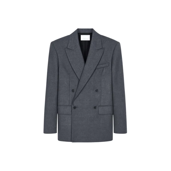 The Frankie Shop Newark Flannel Double Breasted Blazer - Grey Melange - Oversized Minimalist Jackets in Grey - Shop at Coveti