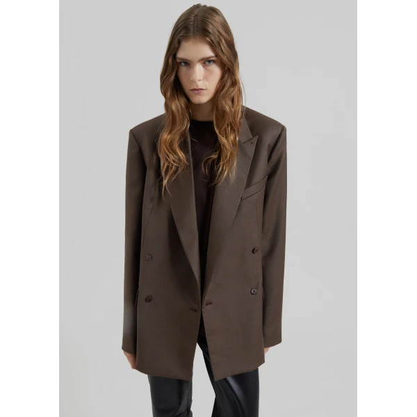The Frankie Shop Newark Flannel Double Breasted Blazer – Mocha, view 3