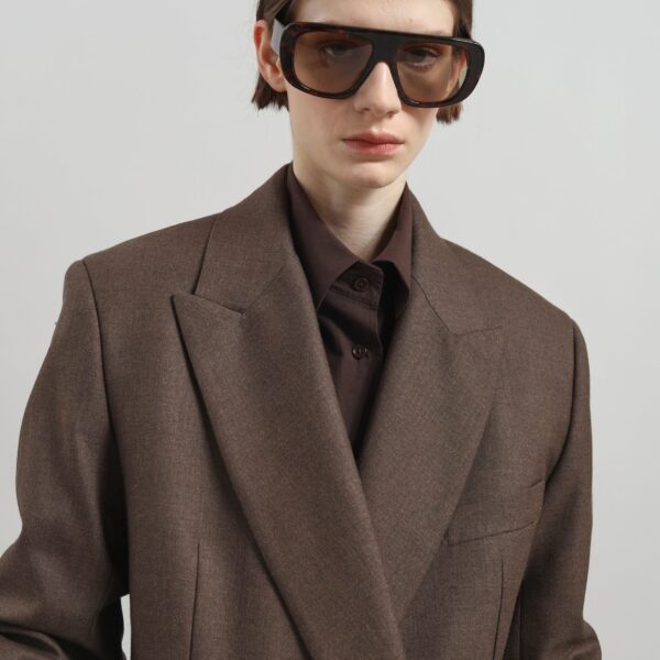 The Frankie Shop Newark Flannel Double Breasted Blazer - Mocha - Oversized Minimalist Jackets in Beige - Shop at Coveti
