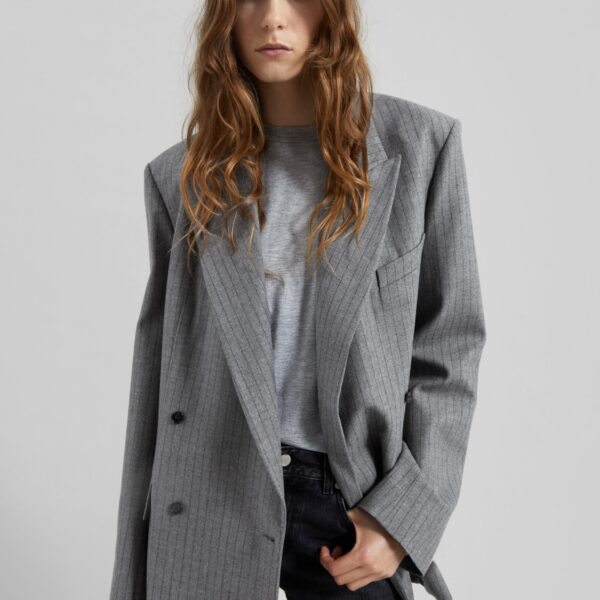 The Frankie Shop Newark Pinstripe Double Breasted Blazer - Grey/Brown - Oversized Minimalist Jackets in Multicolour - Shop at Coveti