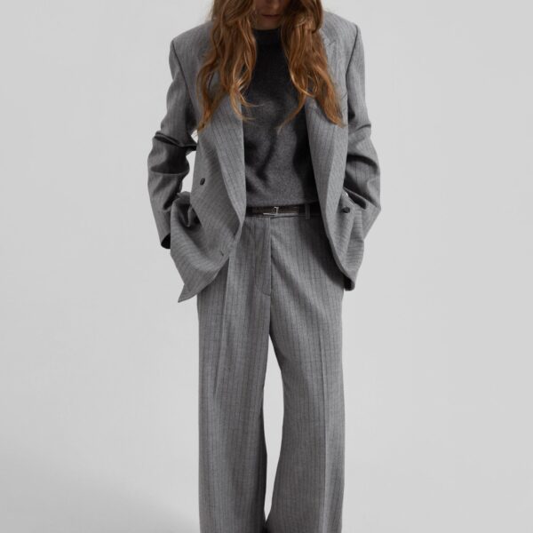 The Frankie Shop Newark Pinstripe Double Breasted Blazer - Grey/Brown - Oversized Minimalist Jackets in Multicolour - Shop at Coveti