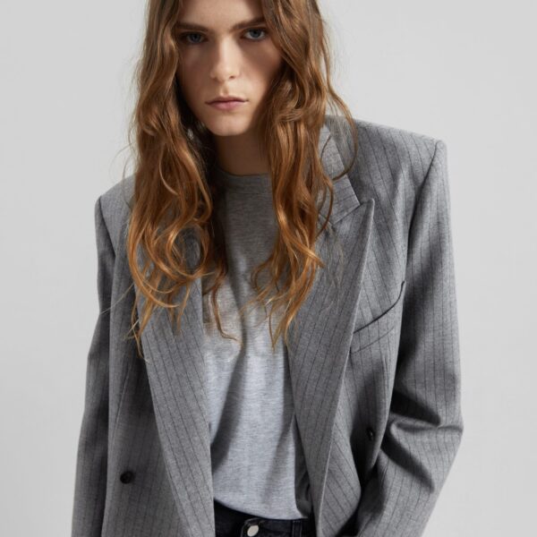 The Frankie Shop Newark Pinstripe Double Breasted Blazer - Grey/Brown - Oversized Minimalist Jackets in Multicolour - Shop at Coveti