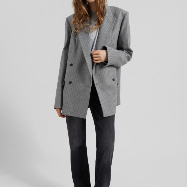 The Frankie Shop Newark Pinstripe Double Breasted Blazer - Grey/Brown - Oversized Minimalist Jackets in Multicolour - Shop at Coveti