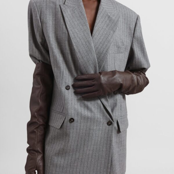The Frankie Shop Newark Pinstripe Double Breasted Blazer - Grey/Brown - Oversized Minimalist Jackets in Multicolour - Shop at Coveti