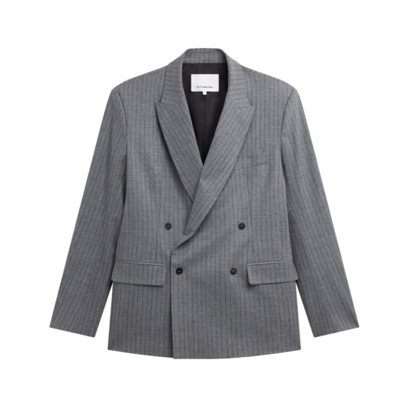 The Frankie Shop Newark Pinstripe Double Breasted Blazer - Grey/Brown - Oversized Minimalist Jackets in Multicolour - Shop at Coveti