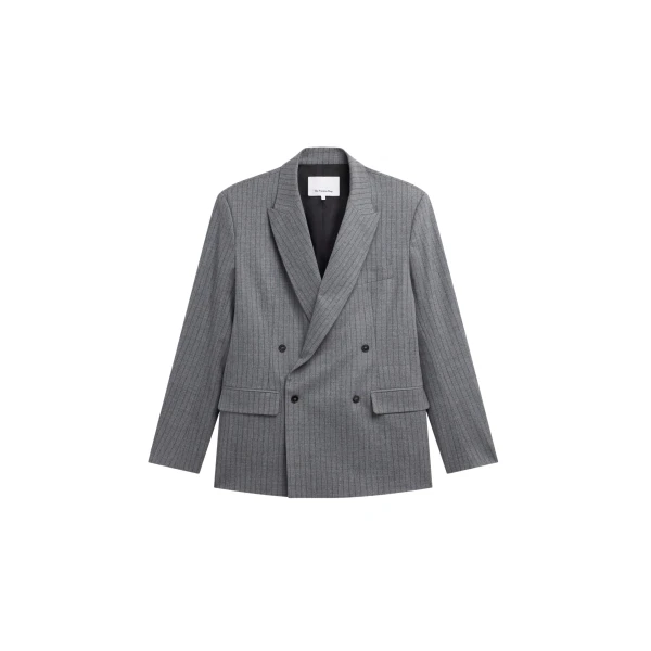 The Frankie Shop Newark Pinstripe Double Breasted Blazer - Grey/Brown - Oversized Minimalist Jackets in Multicolour - Shop at Coveti