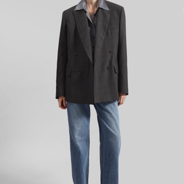The Frankie Shop Newark Plaid Double Breasted Blazer - Dark Grey - Oversized Minimalist Jackets in Grey - Shop at Coveti