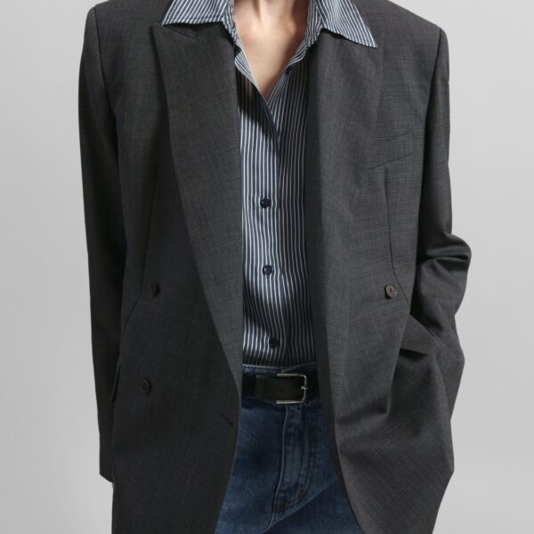 The Frankie Shop Newark Plaid Double Breasted Blazer - Dark Grey - Oversized Minimalist Jackets in Grey - Shop at Coveti