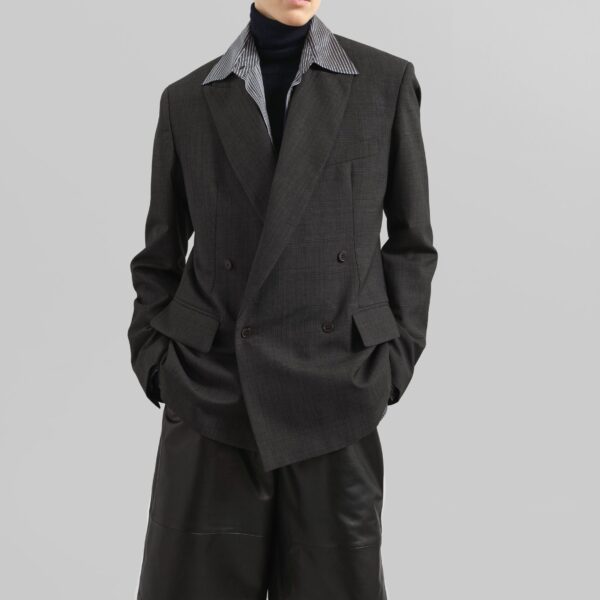 The Frankie Shop Newark Plaid Double Breasted Blazer - Dark Grey - Oversized Minimalist Jackets in Grey - Shop at Coveti