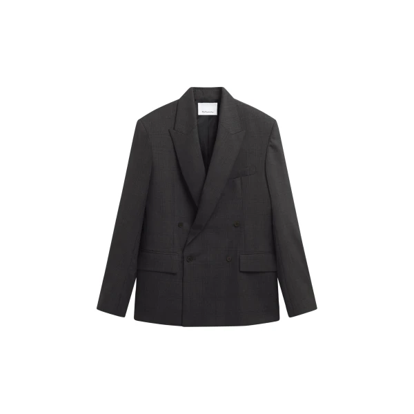 The Frankie Shop Newark Plaid Double Breasted Blazer - Dark Grey - Oversized Minimalist Jackets in Grey - Shop at Coveti