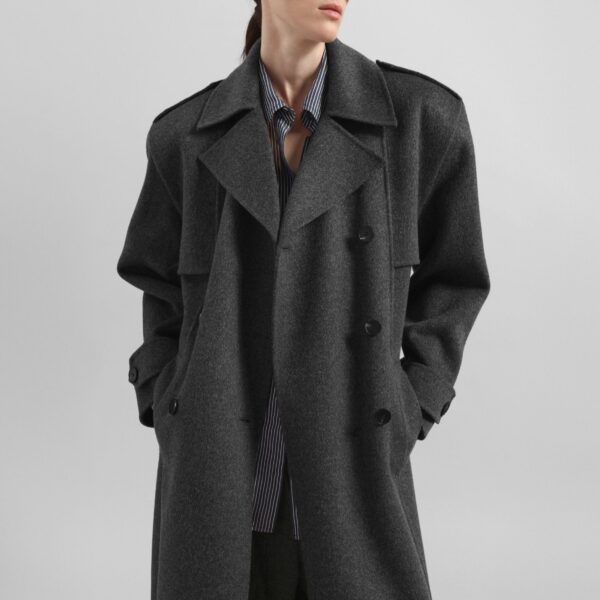 The Frankie Shop Nikola Padded Trench Coat - Dark Grey Melange - Oversized Minimalist Coats in Grey - Shop at Coveti