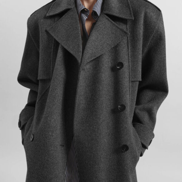 The Frankie Shop Nikola Padded Trench Coat - Dark Grey Melange - Oversized Minimalist Coats in Grey - Shop at Coveti