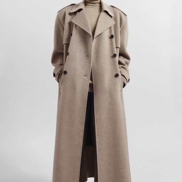 The Frankie Shop Nikola Padded Trench Coat - Taupe Melange - Oversized Minimalist Coats in Beige - Shop at Coveti