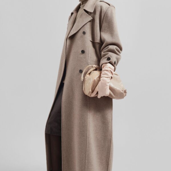 The Frankie Shop Nikola Padded Trench Coat - Taupe Melange - Oversized Minimalist Coats in Beige - Shop at Coveti