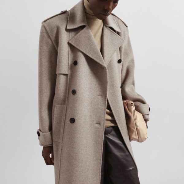 The Frankie Shop Nikola Padded Trench Coat - Taupe Melange - Oversized Minimalist Coats in Beige - Shop at Coveti