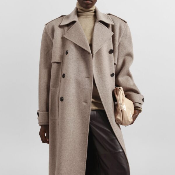 The Frankie Shop Nikola Padded Trench Coat - Taupe Melange - Oversized Minimalist Coats in Beige - Shop at Coveti