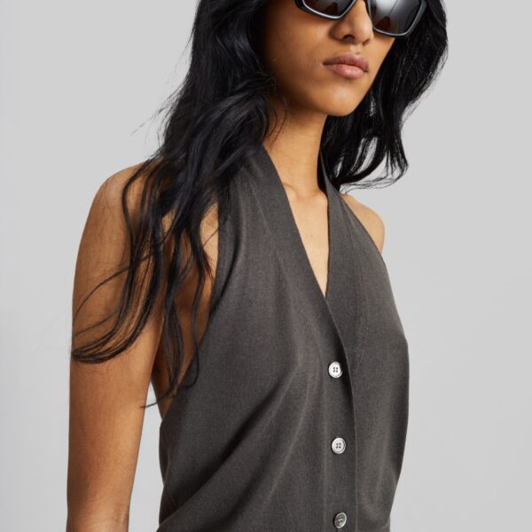 The Frankie Shop Nimi Knit Halter Top - Charcoal - Oversized Minimalist Tops in Grey - Shop at Coveti