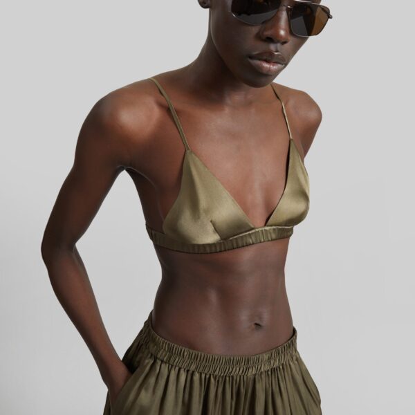 The Frankie Shop Nina Silk Bralette - Olive - Oversized Minimalist Tops in Green - Shop at Coveti