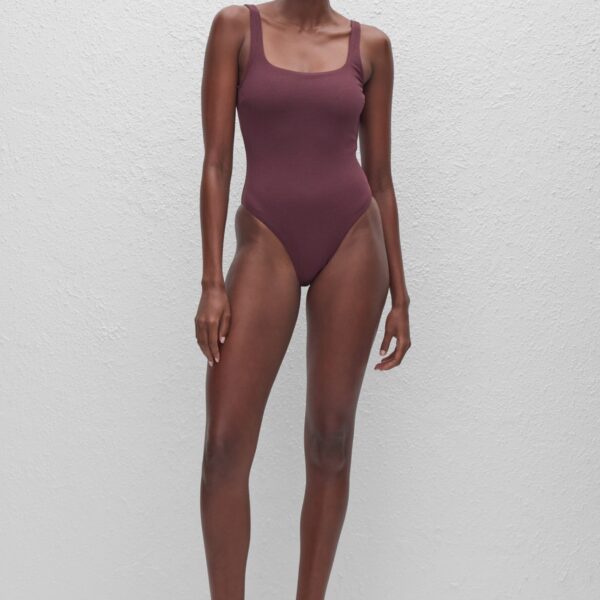 The Frankie Shop Nineties Maillot - Aubergine Crinkle - Oversized Minimalist Bikini in Purple - Shop at Coveti