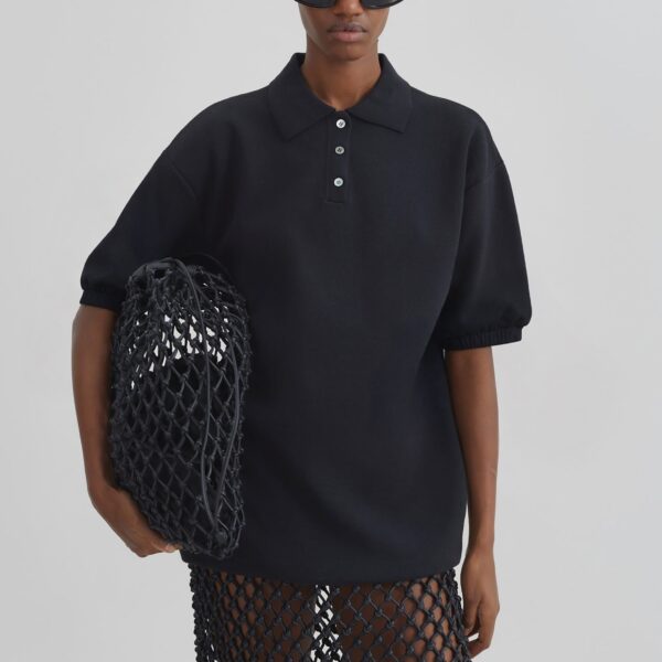 The Frankie Shop Nola Knit Polo Top - Black - Oversized Minimalist Tops in Black - Shop at Coveti