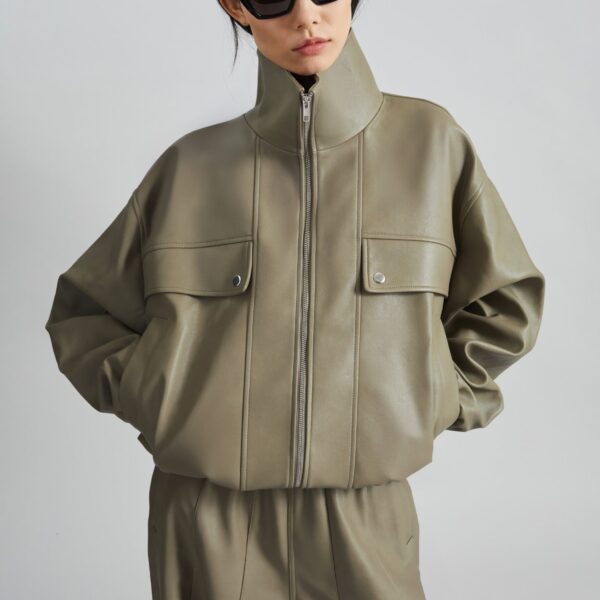 The Frankie Shop Nolita Faux Leather Bomber Jacket - Sage - Oversized Minimalist Jackets in Green - Shop at Coveti