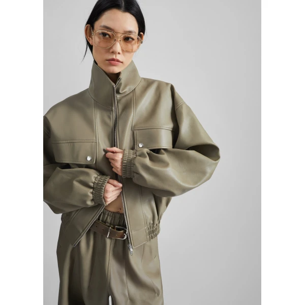 The Frankie Shop Nolita Faux Leather Bomber Jacket – Sage, view 3