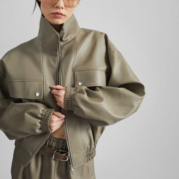 The Frankie Shop Nolita Faux Leather Bomber Jacket - Sage - Oversized Minimalist Jackets in Green - Shop at Coveti