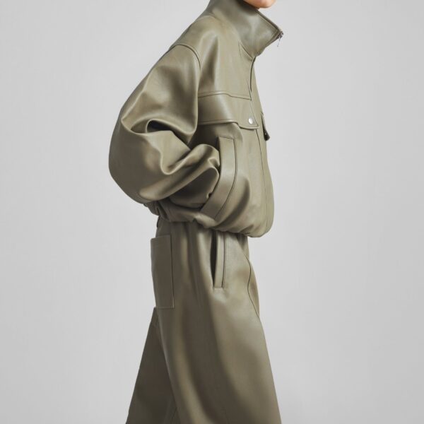 The Frankie Shop Nolita Faux Leather Bomber Jacket - Sage - Oversized Minimalist Jackets in Green - Shop at Coveti