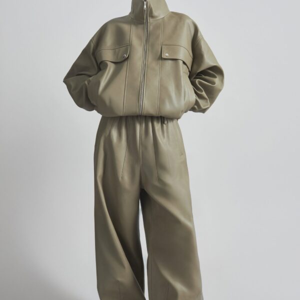 The Frankie Shop Nolita Faux Leather Bomber Jacket - Sage - Oversized Minimalist Jackets in Green - Shop at Coveti