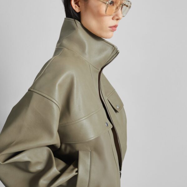 The Frankie Shop Nolita Faux Leather Bomber Jacket - Sage - Oversized Minimalist Jackets in Green - Shop at Coveti
