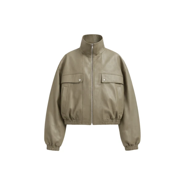 The Frankie Shop Nolita Faux Leather Bomber Jacket - Sage - Oversized Minimalist Jackets in Green - Shop at Coveti