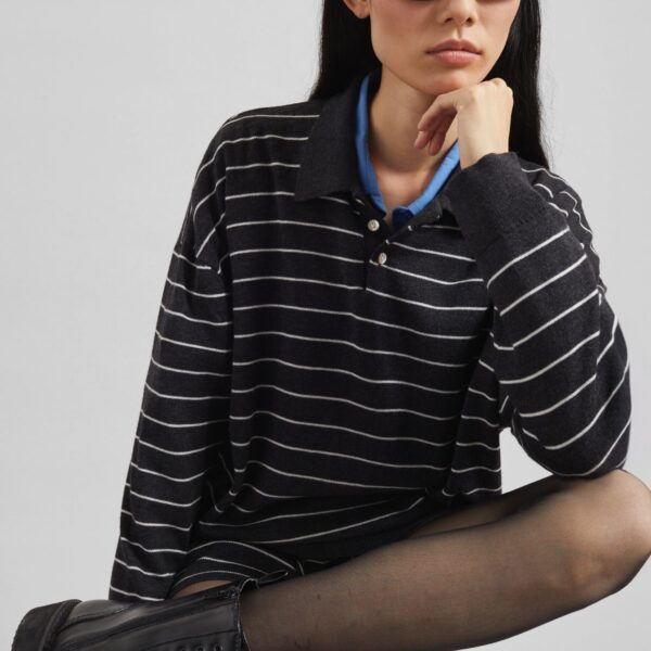 The Frankie Shop Nolma Knit Polo Sweater - Grey/White Stripe - Oversized Minimalist Knitwear in Multicolour - Shop at Coveti