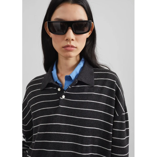 The Frankie Shop Nolma Knit Polo Sweater – Grey/White Stripe, view 4