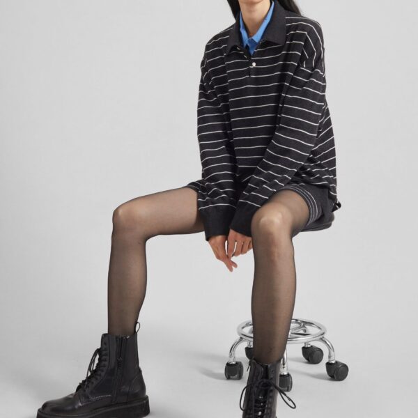 The Frankie Shop Nolma Knit Polo Sweater - Grey/White Stripe - Oversized Minimalist Knitwear in Multicolour - Shop at Coveti