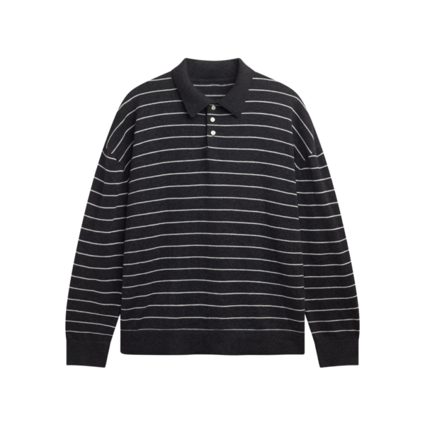 The Frankie Shop Nolma Knit Polo Sweater - Grey/White Stripe - Oversized Minimalist Knitwear in Multicolour - Shop at Coveti