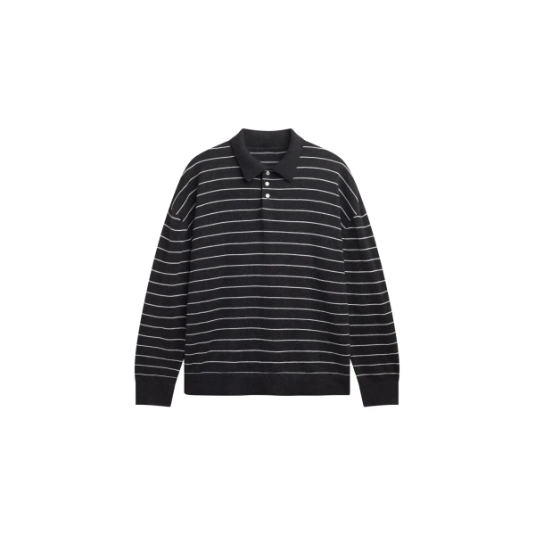 The Frankie Shop Nolma Knit Polo Sweater - Grey/White Stripe - Oversized Minimalist Knitwear in Multicolour - Shop at Coveti