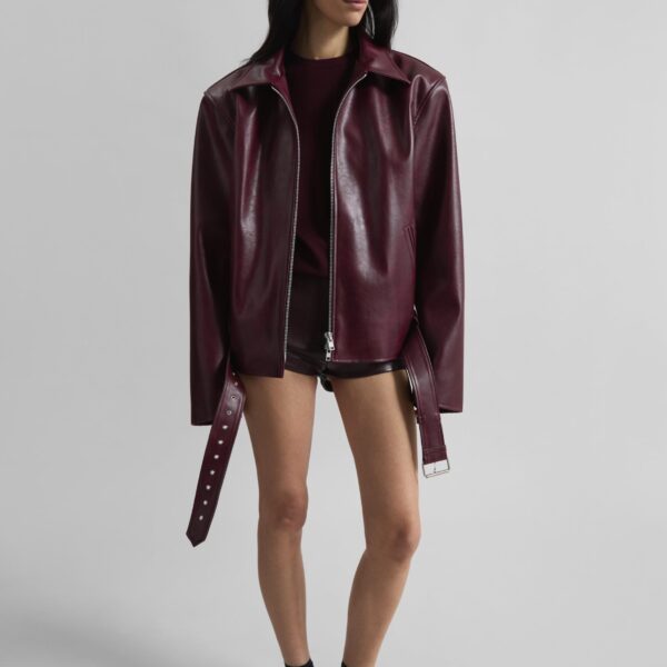 The Frankie Shop Norbury Faux Leather Jacket - Burgundy - Oversized Minimalist Jackets in Red - Shop at Coveti
