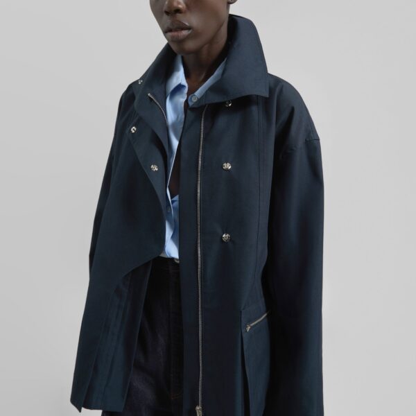 The Frankie Shop Norris Short Trench - Navy - Oversized Minimalist Coats in Blue - Shop at Coveti