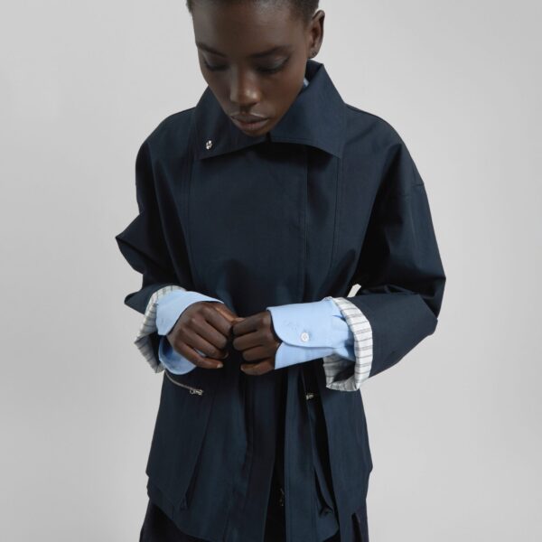 The Frankie Shop Norris Short Trench - Navy - Oversized Minimalist Coats in Blue - Shop at Coveti