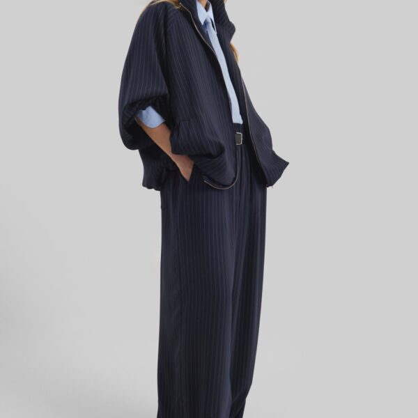 The Frankie Shop Oakdale Track Pants - Navy/White Pinstripe - Oversized Minimalist Pants in Multicolour - Shop at Coveti