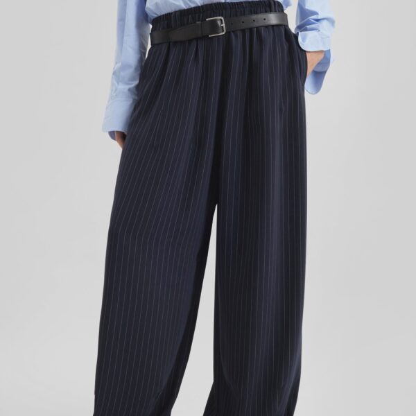 The Frankie Shop Oakdale Track Pants - Navy/White Pinstripe - Oversized Minimalist Pants in Multicolour - Shop at Coveti