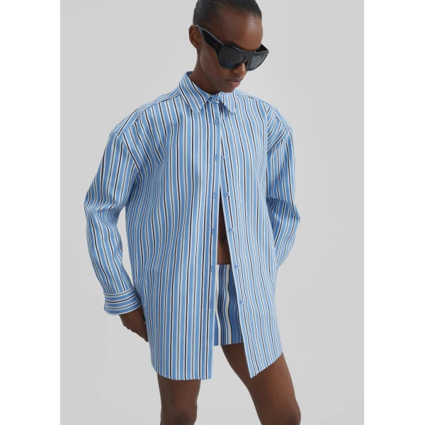 The Frankie Shop Oana Cotton Padded Shirt – Blue Multi Stripe, view 2