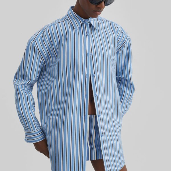 The Frankie Shop Oana Cotton Padded Shirt - Blue Multi Stripe - Oversized Minimalist Tops in Multicolour - Shop at Coveti
