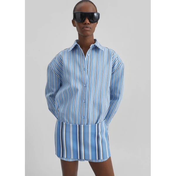 The Frankie Shop Oana Cotton Padded Shirt – Blue Multi Stripe, view 6