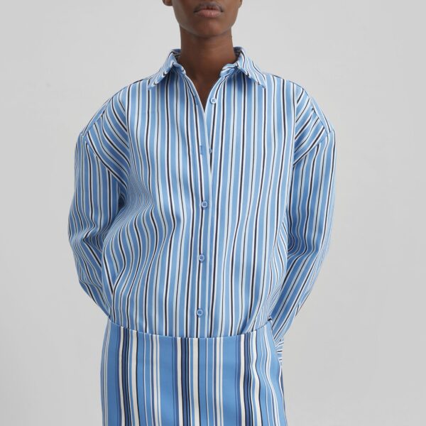 The Frankie Shop Oana Cotton Padded Shirt - Blue Multi Stripe - Oversized Minimalist Tops in Multicolour - Shop at Coveti