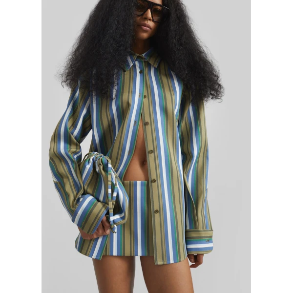 The Frankie Shop Oana Cotton Padded Shirt – Green Multi Stripe, view 2